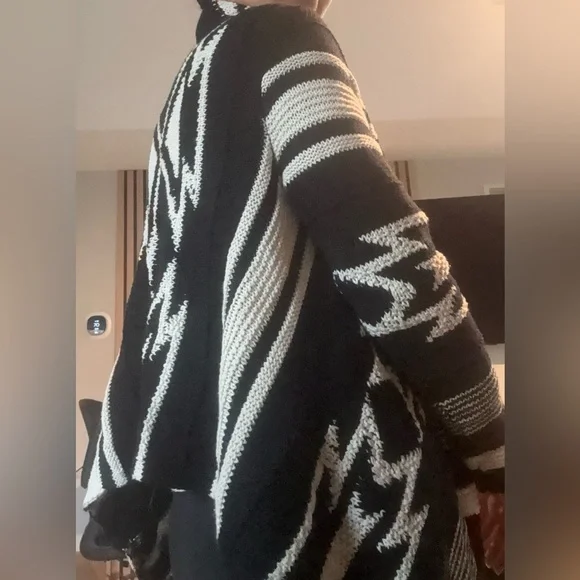 Black and White Striped Women's Wrap Cardigan Sweater - Picture 4 of 6